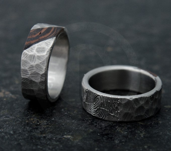 Ring with digital fingerprints for marriage and precious wood. 